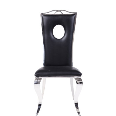 Black Synthetic Leather High Side Chair Of 2, Stationary Seat, Standard Dining Height, Padded With Pu Cushion, Stainless Steel Metal Front Leg, And Comfortable Armless Seat At Seat & Back, Frame,