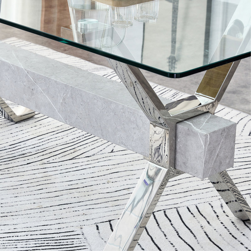 Table de salle à manger moderne en verre trempé avec pieds en métal robustes et barres transversales en panneau de fibres à densité moyenne, polyvalente pour la maison et le bureau