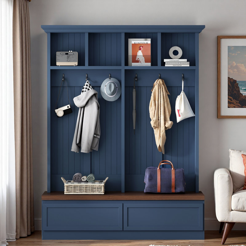 Farmhouse Hall Tree With Wood Grain Bench, Coat Rack, 2 Large Drawers And Open Storage Space