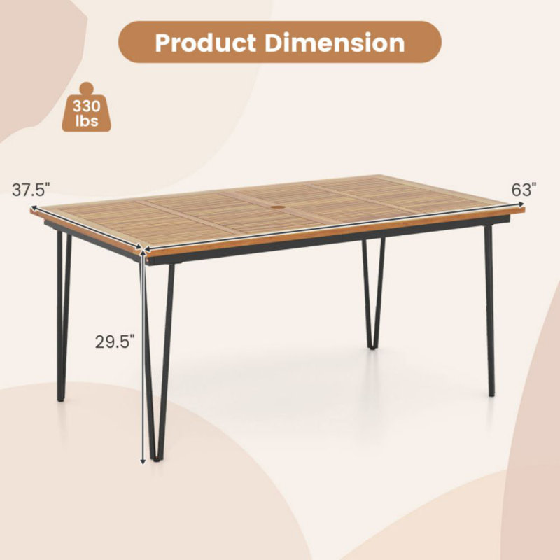 Table de salle à manger d'extérieur rectangulaire 63 pouces avec plateau en bois d'acacia et trou pour parasol