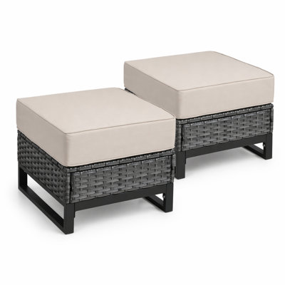 Ludgershall Set of 2 Patio Ottomans, Outdoor Wicker Ottoman with Cushions, Handwoven PE Rattan Footrest Stools with Metal Frame for Patio, Porch, Deck, Backyard, Grey/beige
