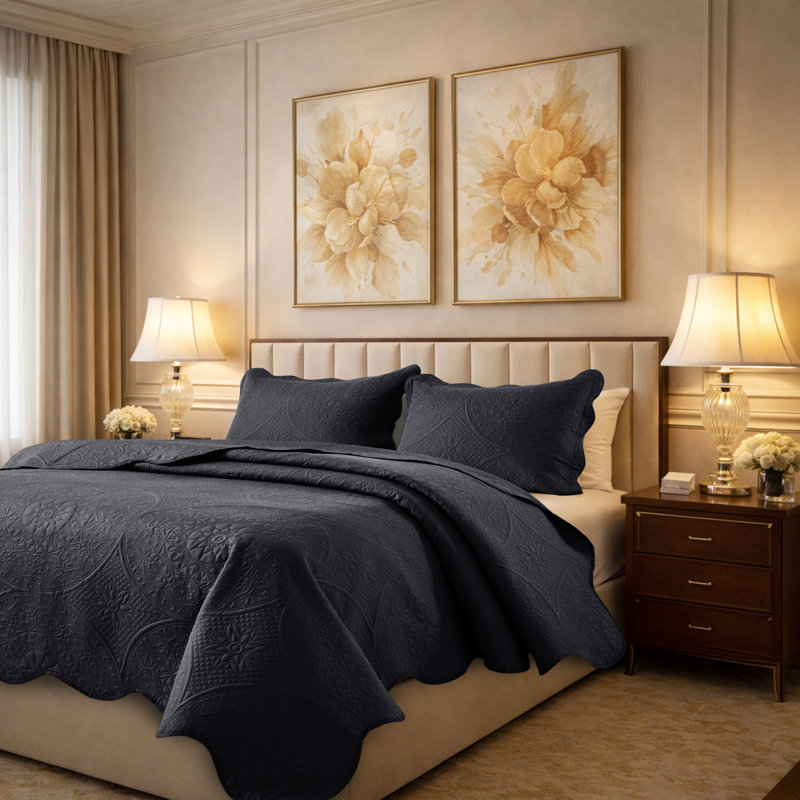 Floral Embossed Microfiber Quilt Set Pre-Washed  Soft Bedspread, King Bedspread + 2 King Pillowcases, Charcoal