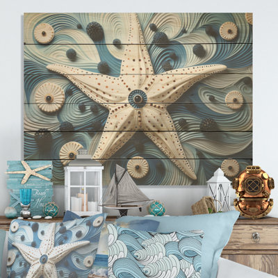 Minimalisme, étoile de mer bleue et blanche I - Étoile de mer, art sur bois de pin naturel