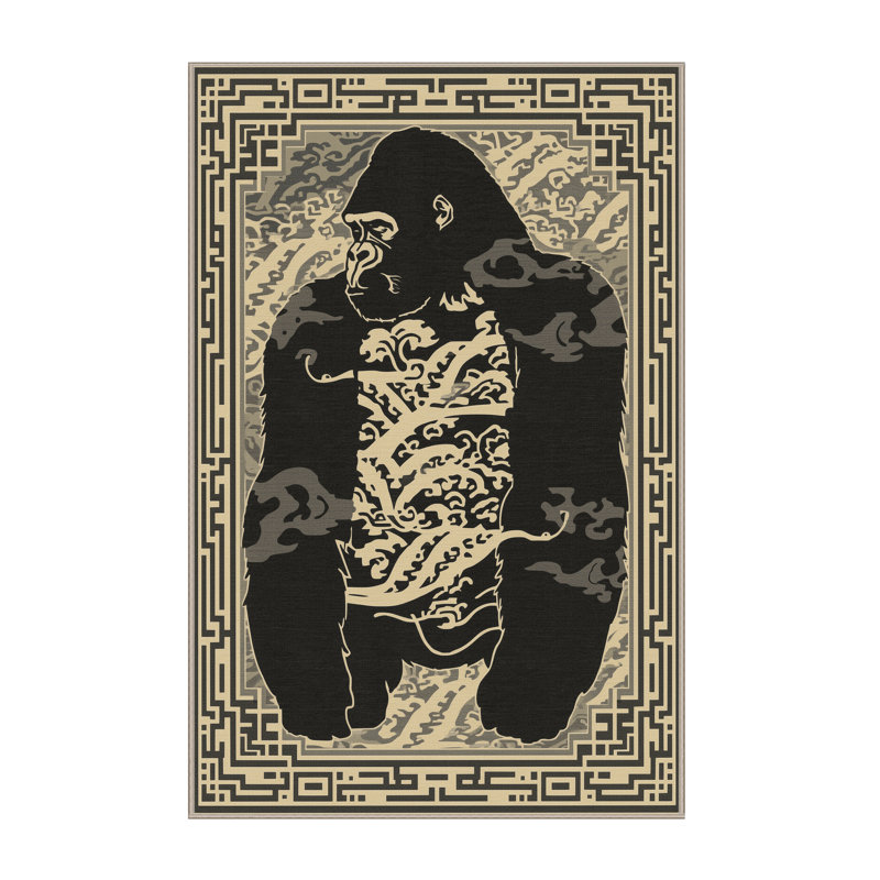 Tapis oriental classique lavable à la machine osckar gorille en noir - reliure beige, 7 x 9