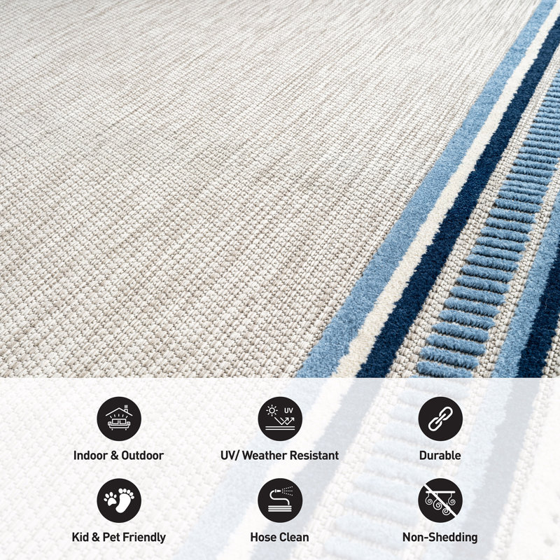 Coastal Border Ivory/Navy Indoor/Outdoor High-Low Area Rug, Rectangle 6'7" x 9', Navy