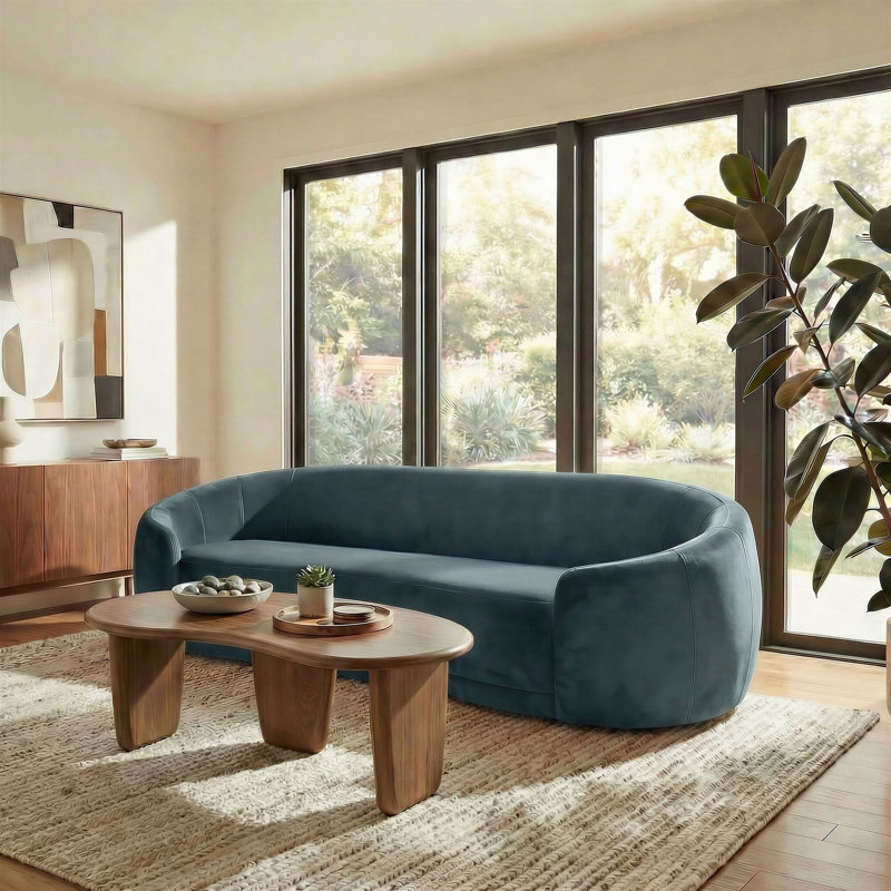 Contessa Curved Performance Velvet Sofa In Cadet Blue, Cadet Blue