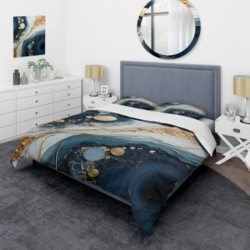 Ensemble de housse de couette or et bleu, Housse de couette pour grand lit et 2 taies décor