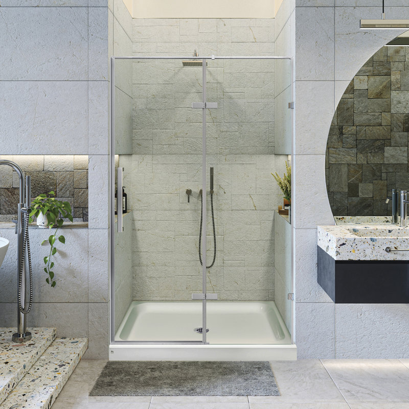 Porte de douche à charnière sans cadre l 54 po x H 74,25 po, Chrome poli