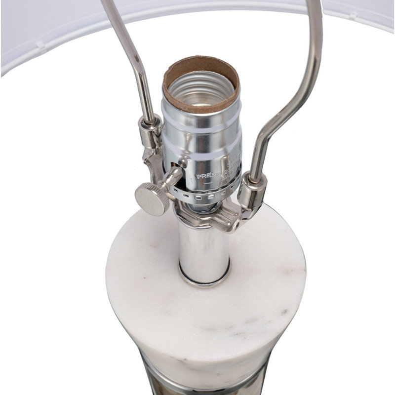 Lampe de table cylindrique en marbre blanc et verre avec abat-jour tambour en tissu doux