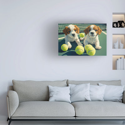 Wrapped Canvas Wall Art - Imagine It Images 'Puppies and Tennis Balls 5' Wall Art for Living Room, Bedroom, or Office Décor  - 12x19