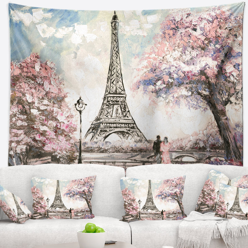 Tapisserie paysager avec des fleurs roses, H 32 po x l 39 po