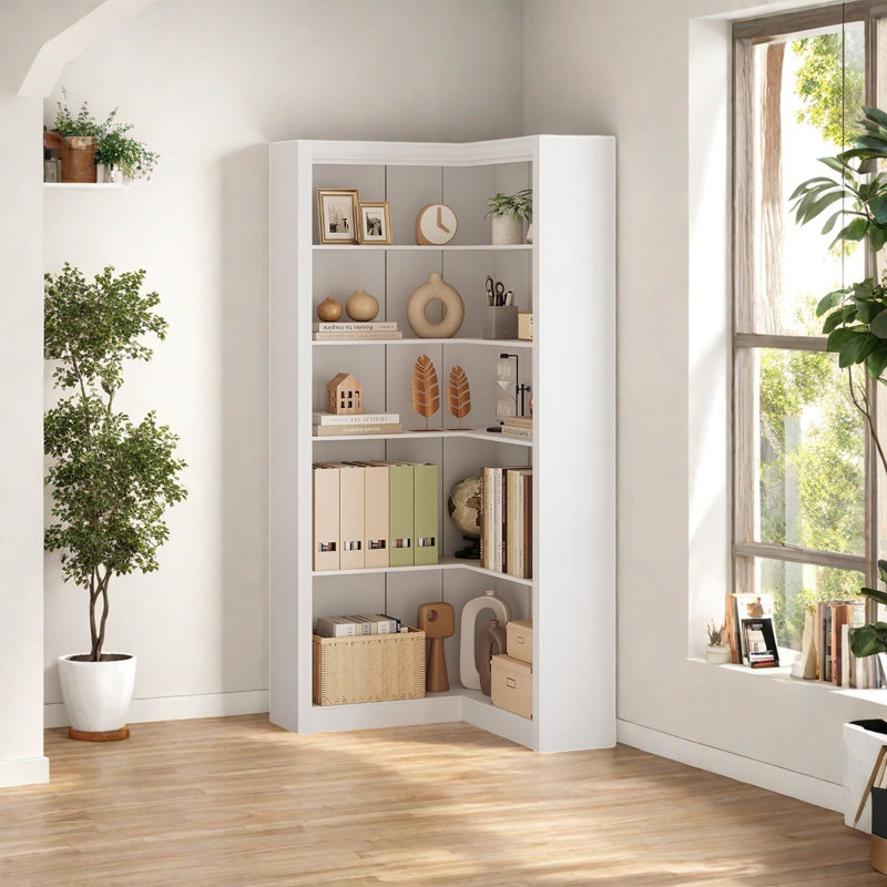 Grande étagère d'angle à 5 niveaux avec bibliothèque en coin et bibliothèque en coin, Blanc