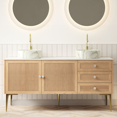Meuble-lavabo autoportant moderne de 60 po avec lavabos ronds blancs en céramique, motif de pierre, 3 tiroirs, 2 portes, finition chêne, pré-assemblé, base stable à deux fermetures douces, contreplaqué haute résistance, tiroir