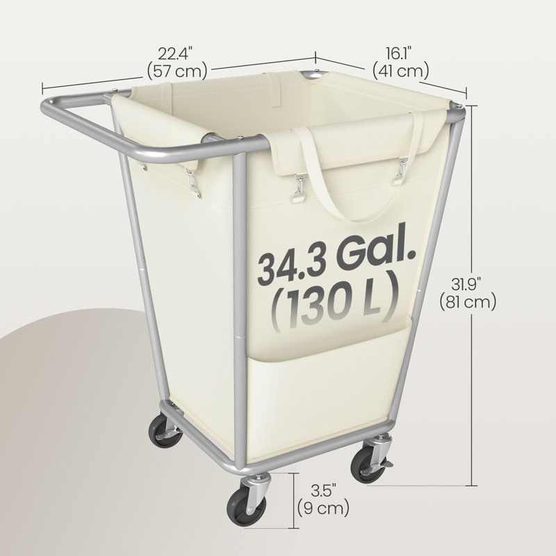 Panier à linge avec roulettes, sac amovible, cadre en acier , Blanc, crème