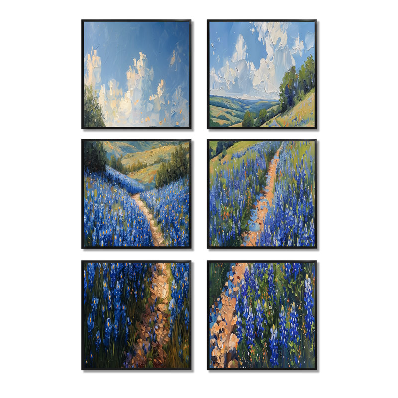«Blue Green Summer Morning Magic Blue Bonnets Fields - Blue Bonnets», ensemble de 6 reproductions d'art mural, Noir