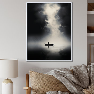 Bateau solitaire Fisher Misty Lake noir et blanc I - Bateau, décoration murale