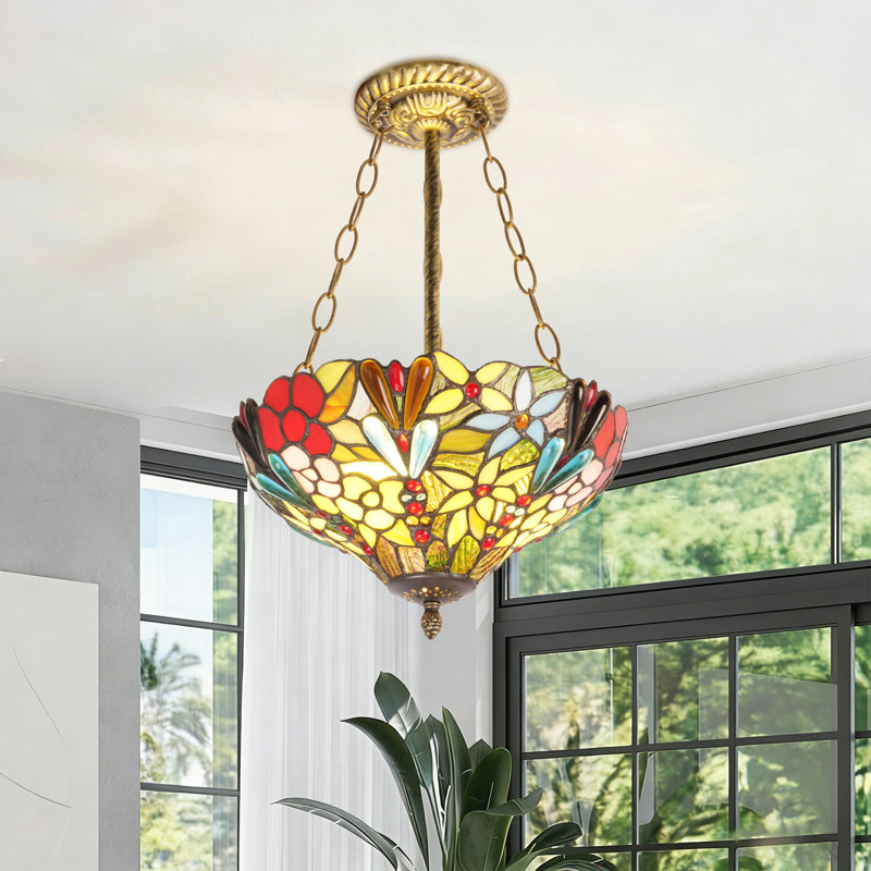 Luminaire suspendu bol en verre coloré de style campagne avec finition laiton antique, 2 lumières