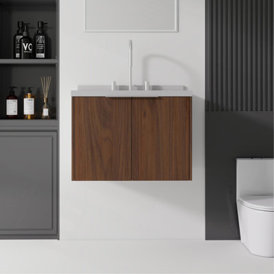 Meuble-lavabo suspendu de 61 cm avec lavabo, porte à fermeture amortie, comptoir et dosseret en marbre synthétique blanc granité de 5 cm, contreplaqué
