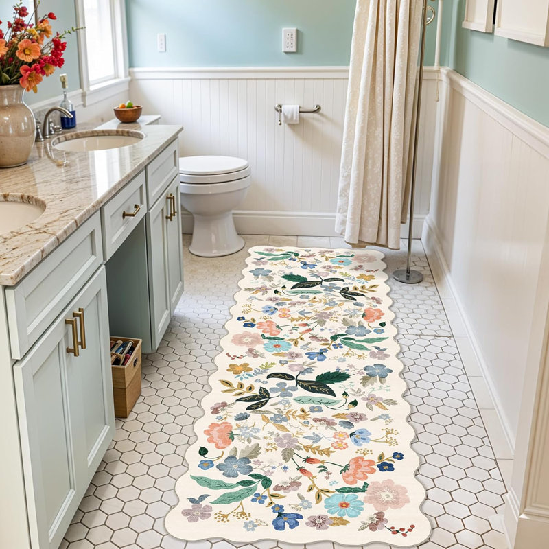 2x6 Washable Hallway Runner Rug: Floral Kitchen Rugs with Non-Slip Backing Vintage Low Pile Entryway Carpet for Living Room Bedroom Soft Water Resisitant Floor Mat for Bathroom Laudry(2x6,Cream)