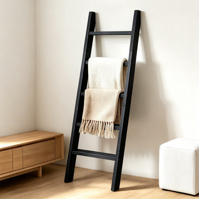 Rustic Wood Blanket Ladder with Rectangle Rungs for Farmhouse Quilt Display, Towel Rack, and Decorative Leaning Shelf for Living Room, Bathroom, and Bedroom