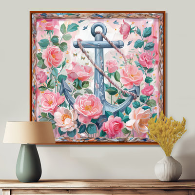 Pink Green Vintage Anchor Roses Collage IV - Coastal Wall Art Print