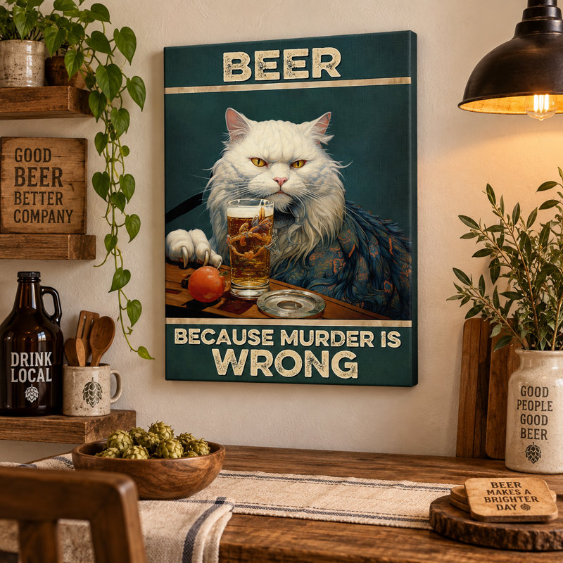 «Beer parce que Murder Is Wrong», art mural sur toile de chat persan blanc - décoration de salon, de chambre à coucher ou de bureau