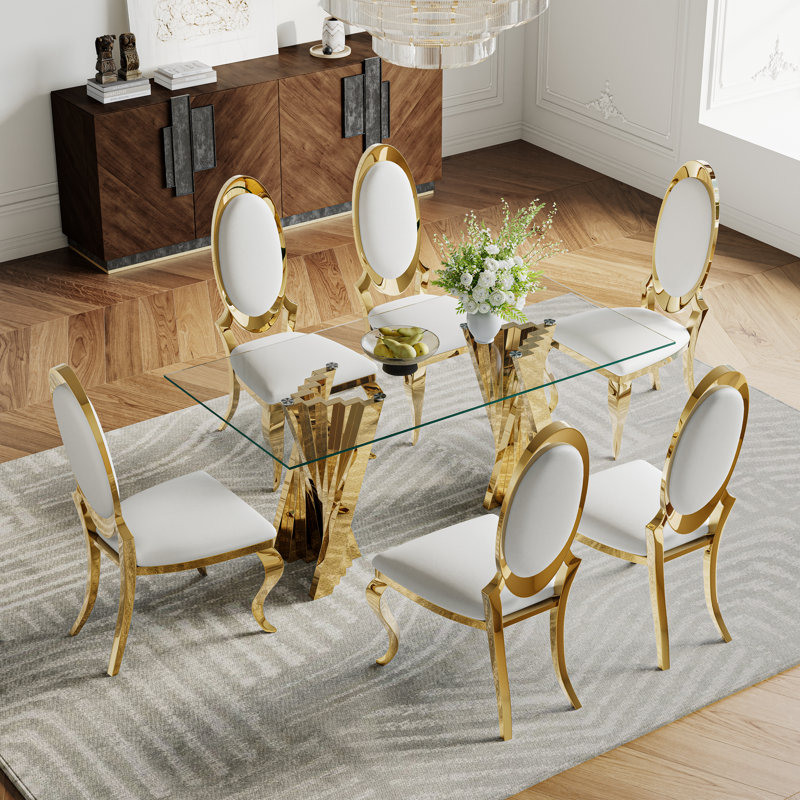 7- Piece Dining Set, Gold, White/Gold
