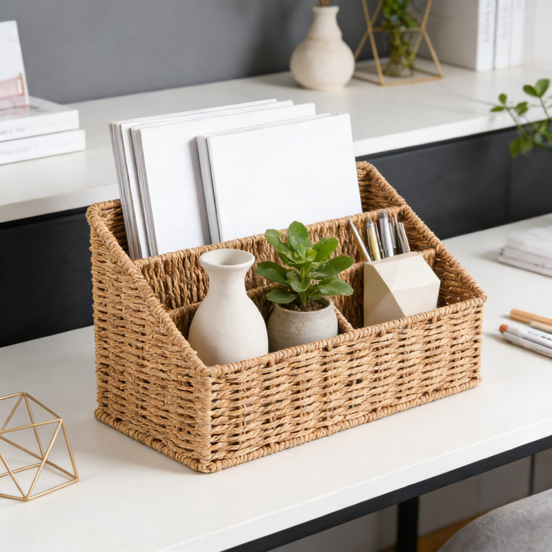 Woven Mail Organizer Basket For Desk, Farmhouse Paper Rope Office Organizer With Metal Frame, Multi-Compartment Storage For Mail, Magazines, Pens, And Office Supplies