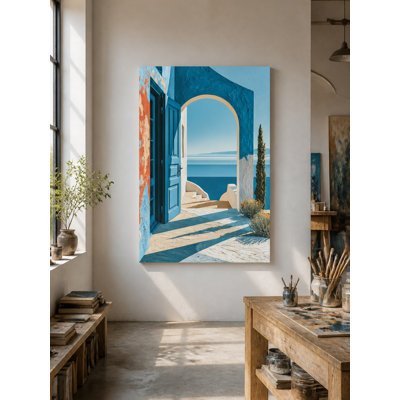 Sea View Through Mediterranean Style Architecture, Realism Large Canvas Wall Art, Blue and Beige Hues, Coastal Decor, Travel Lover Gift