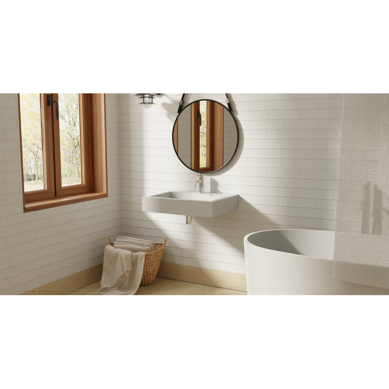 Lavabo de salle de bain mural rectangulaire en résine avec trop-plein 23,6 po x 18,8 po Badeloft WT-06-M-G, Blanc lustré