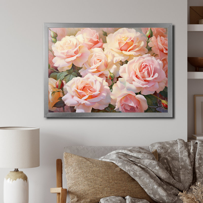 Roses roses, impression romantique, Cadre simple argenté, H 16 po x l 32 po x P 1 po