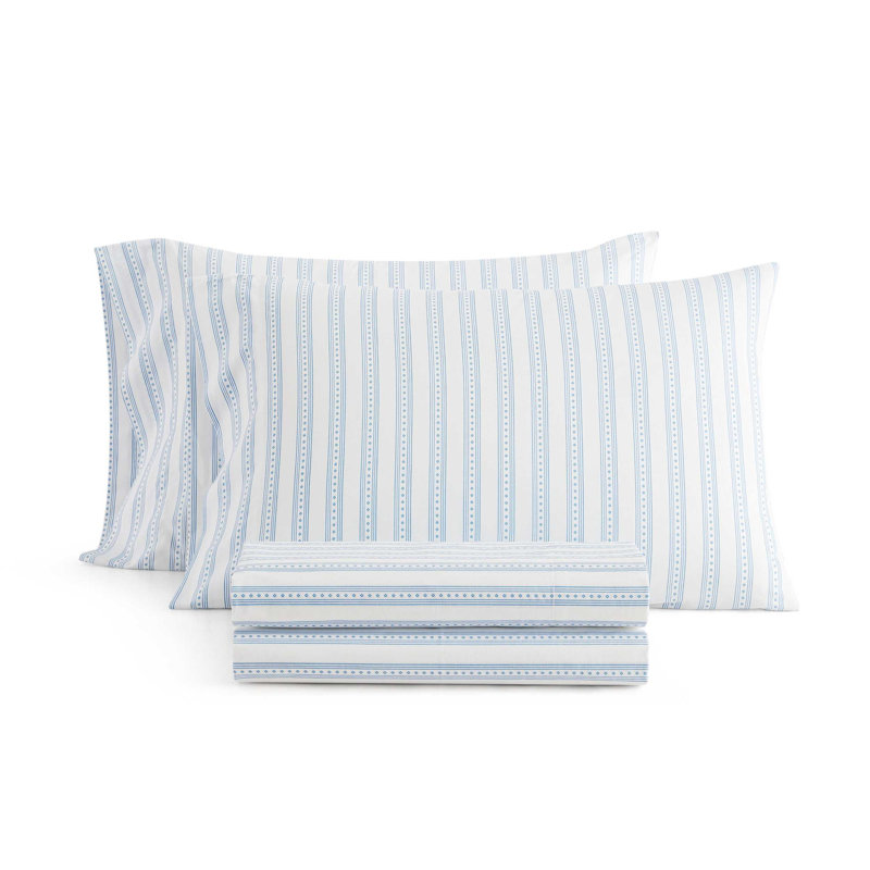 Martha Stewart Cotton Percale  Sheet Set, Queen Sheet Set with 2 Pillowcases, Francesca Stripe Blue