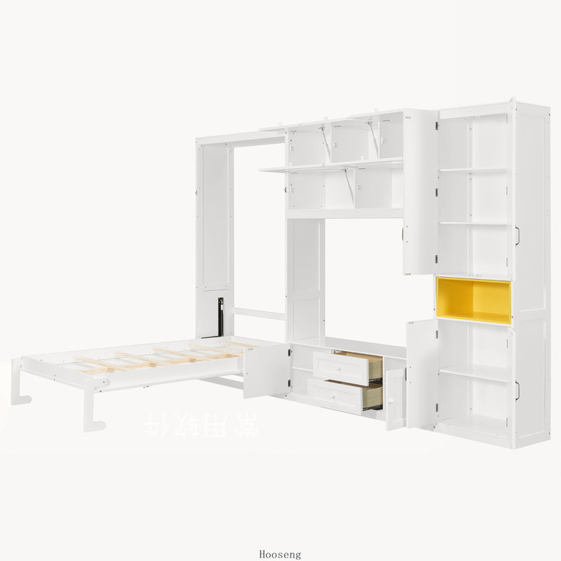 Lit escamotable double en bois avec meuble télé, 2 tiroirs, étagères et placards, blanc