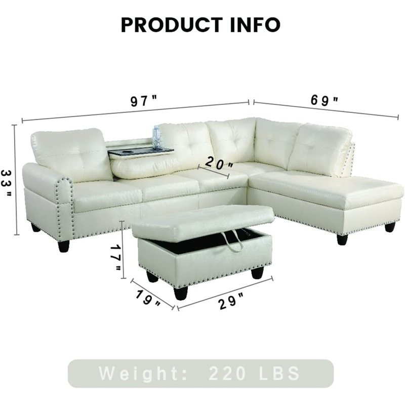 3-piece Synthetic Leather Sectional Sofa, White Faux Leather