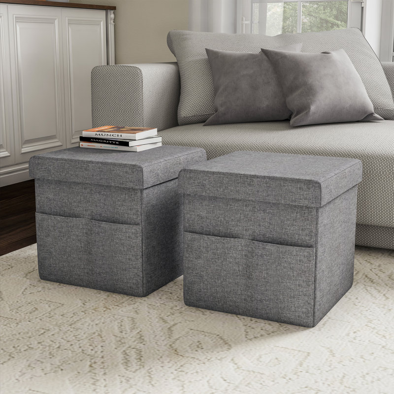 Charboneau Ottomans with Storage Pockets - 15-Inch Folding Foot Rests or Storage Organizers for Bedroom, Living Room, or Dorm, Set of 2 - Grey