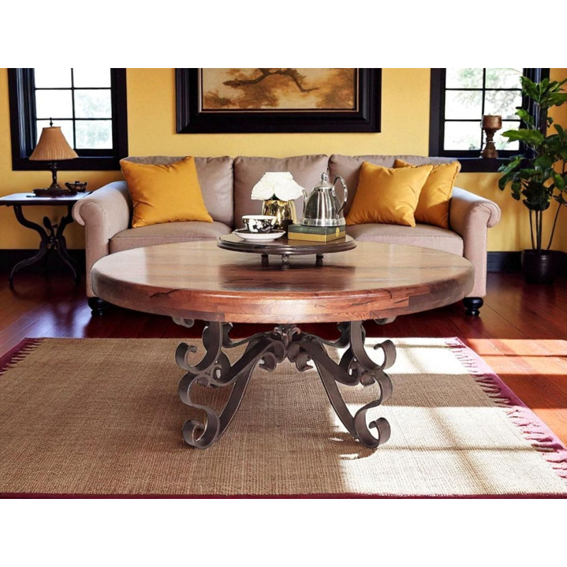 Table basse ronde de style ranch de luxe en Mesquite - Base en fer forgé forgé à la main - Mexports par Susana Molina