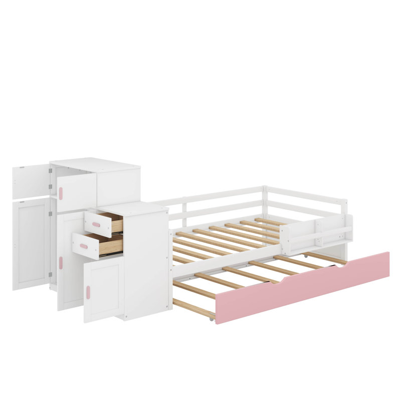 Lit plateforme simple en bois avec bibliothèque pour échantillon et garde-robe mobile, lit multifonctionnel avec lit gigogne intégré