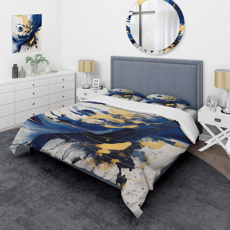 Ensemble de housse de couette en microfibre / polyester bleu foncé et doré Strokes V