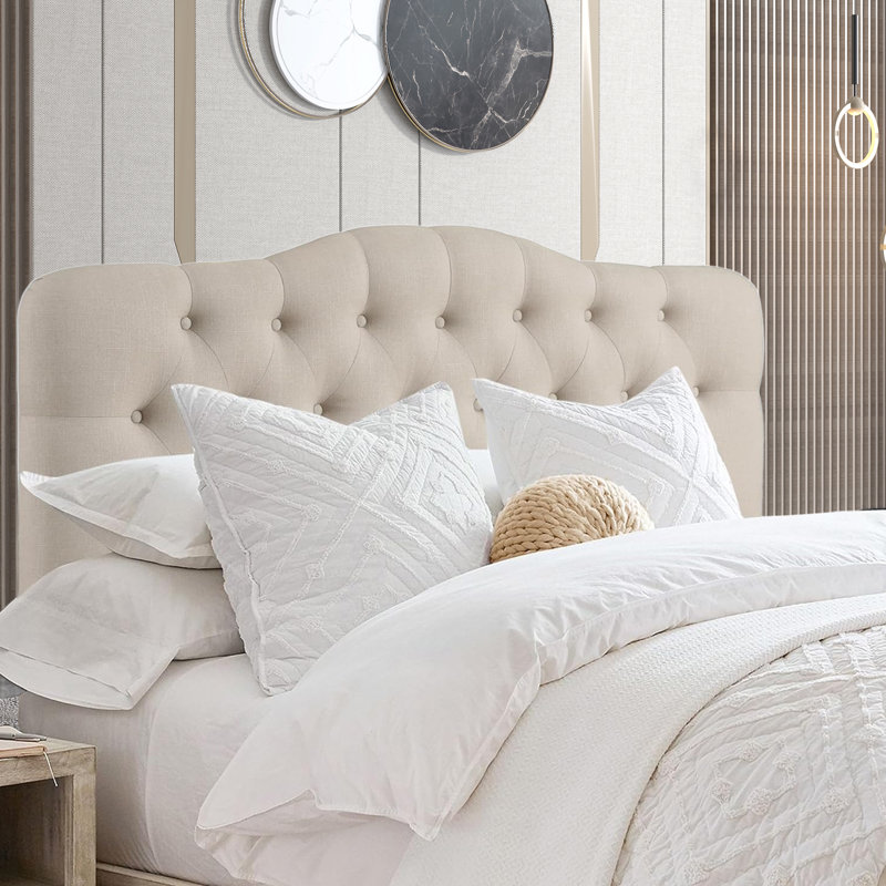 Linen Upholstered Headboard-Modern-Adjustable Height-Button Tufting, Beige, King