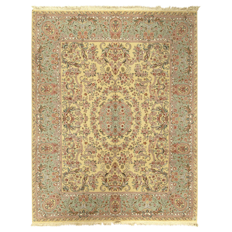 Tapis doré et vert clair de haute qualité noué à la main
