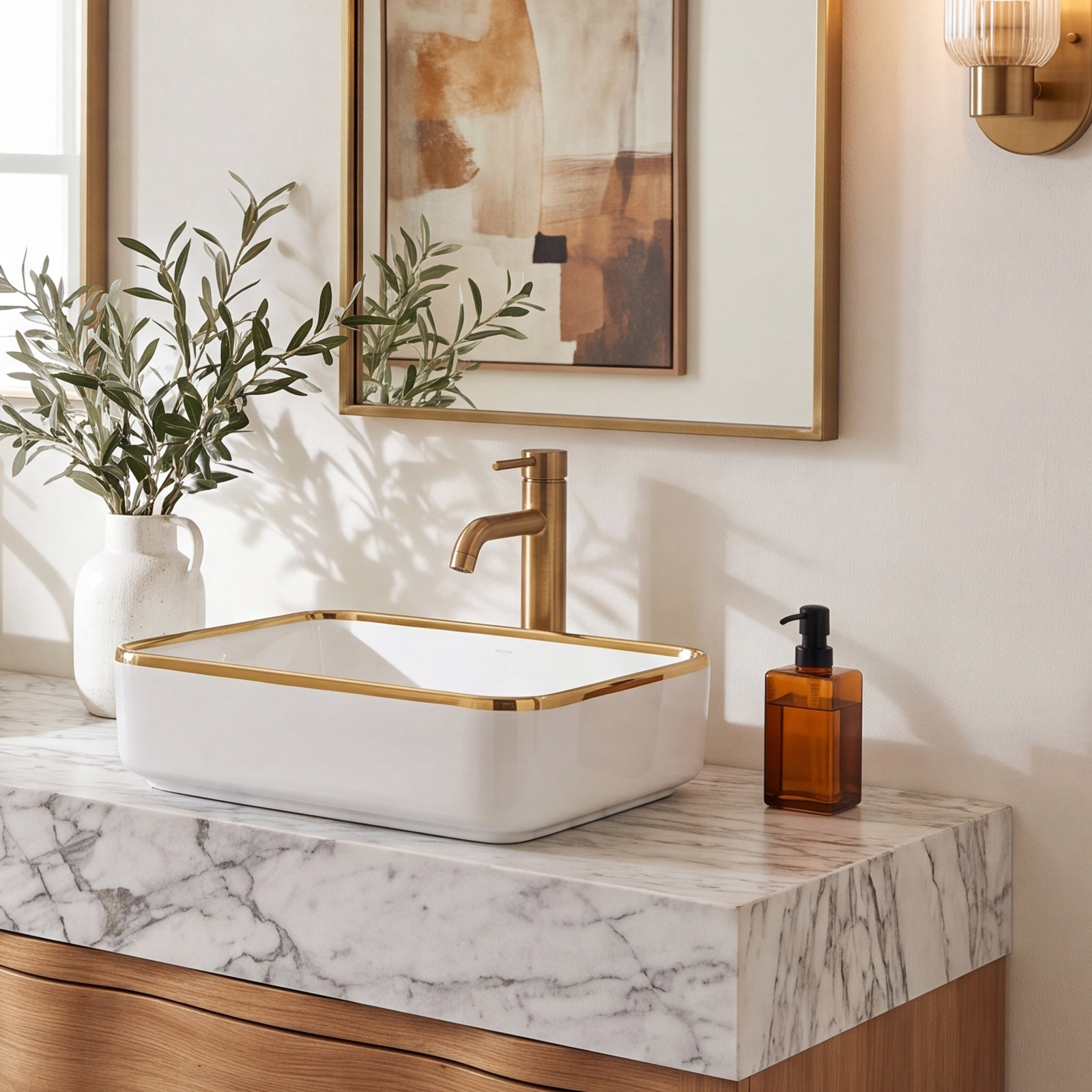 Ally Rectangular Vitreous China Vessel Sink, White/Gold