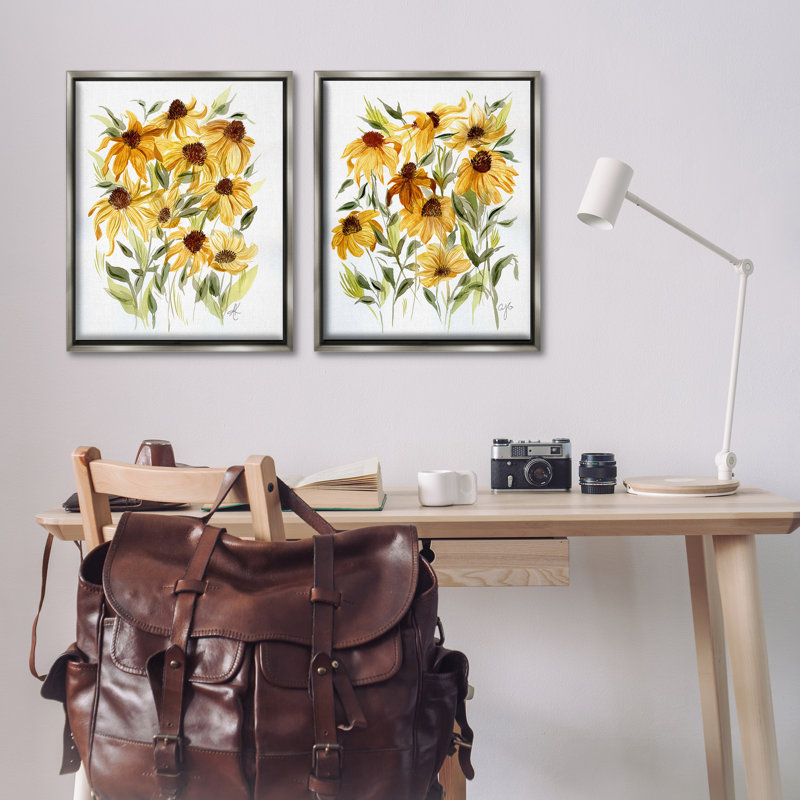  Ensemble de 2 toiles flottantes jaunes Rudbeckia par Alexandria Gilbert Kincaid, Cadre flottant gris lustré