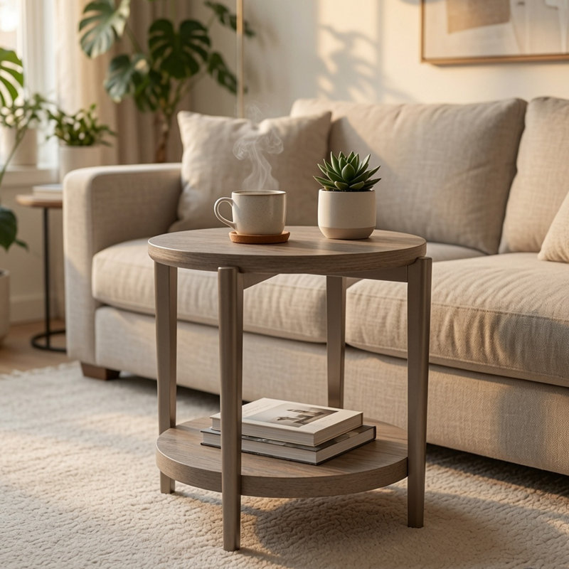 Table de bout Jesy, plateau rond de 27 po, tablette inférieure, brun naturel