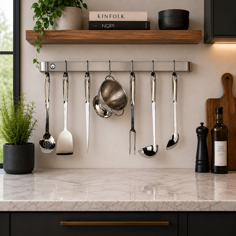 Utensil Bar Handcrafted Wall Mounted Pot Rack, 4.5" H x 36" W x 2" D, Stainless Steel