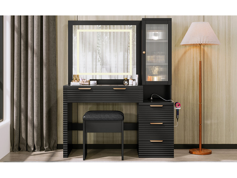 Meuble-lavabo cannelé 43,5 po avec miroir, lumières et station de charge, coiffeuse noire avec 5 tiroirs, armoire et tabouret de rangement pour la chambre à coucher | Idée cadeau