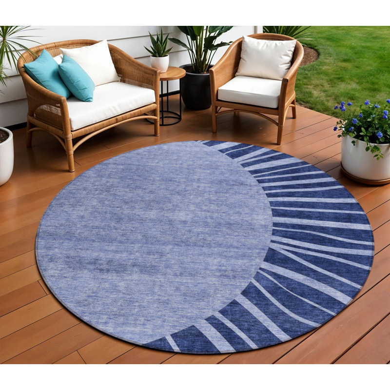Tapis d'intérieur rond lavable abstrait bleu marine et bleu ciel HomeRoots 8 pi