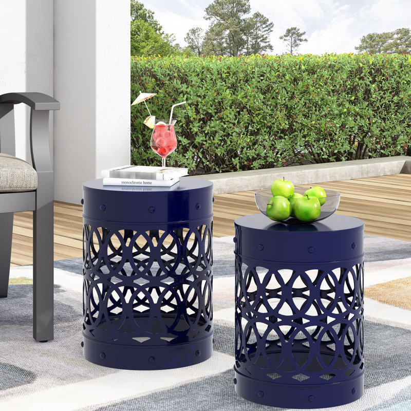 Outdoor End Table - Navy Blue, Iron, 14.09"W X 18.18"H, Rustproof Iron Coffee Modern Style, 18.18"H, Navy Blue