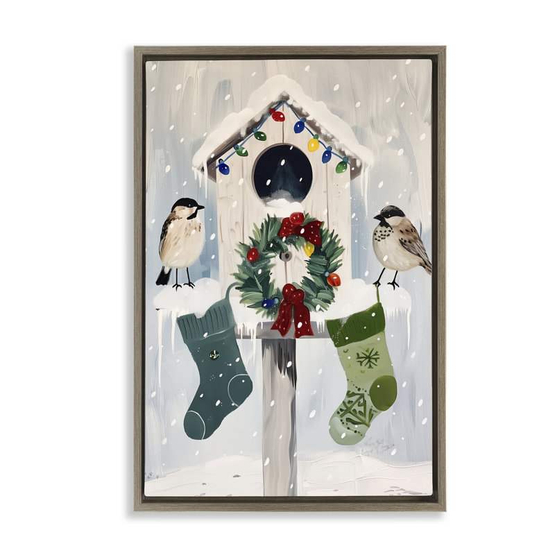 Cadre flottant Festive Christmas Birdhouse, design par Arlington Prints, H 31 po x l 21 po, Cadre flottant orme Montalcino