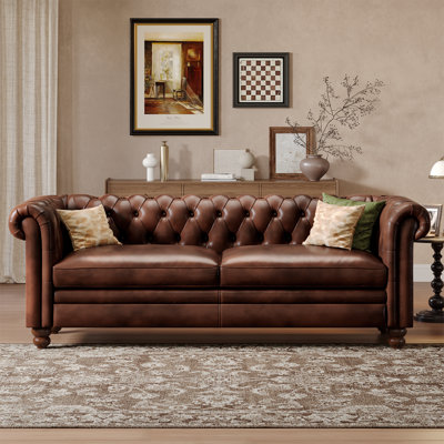 Canapé en cuir 80,7 po, canapé Chesterfield avec accoudoirs roulés et bois massif