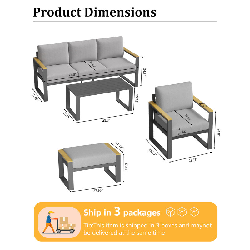 Ensemble de conversation de patio moderne en aluminium 7 pièces avec table basse - Canapé modulaire d'extérieur durable pour balcon, jardin, terrasse, cour, gris
